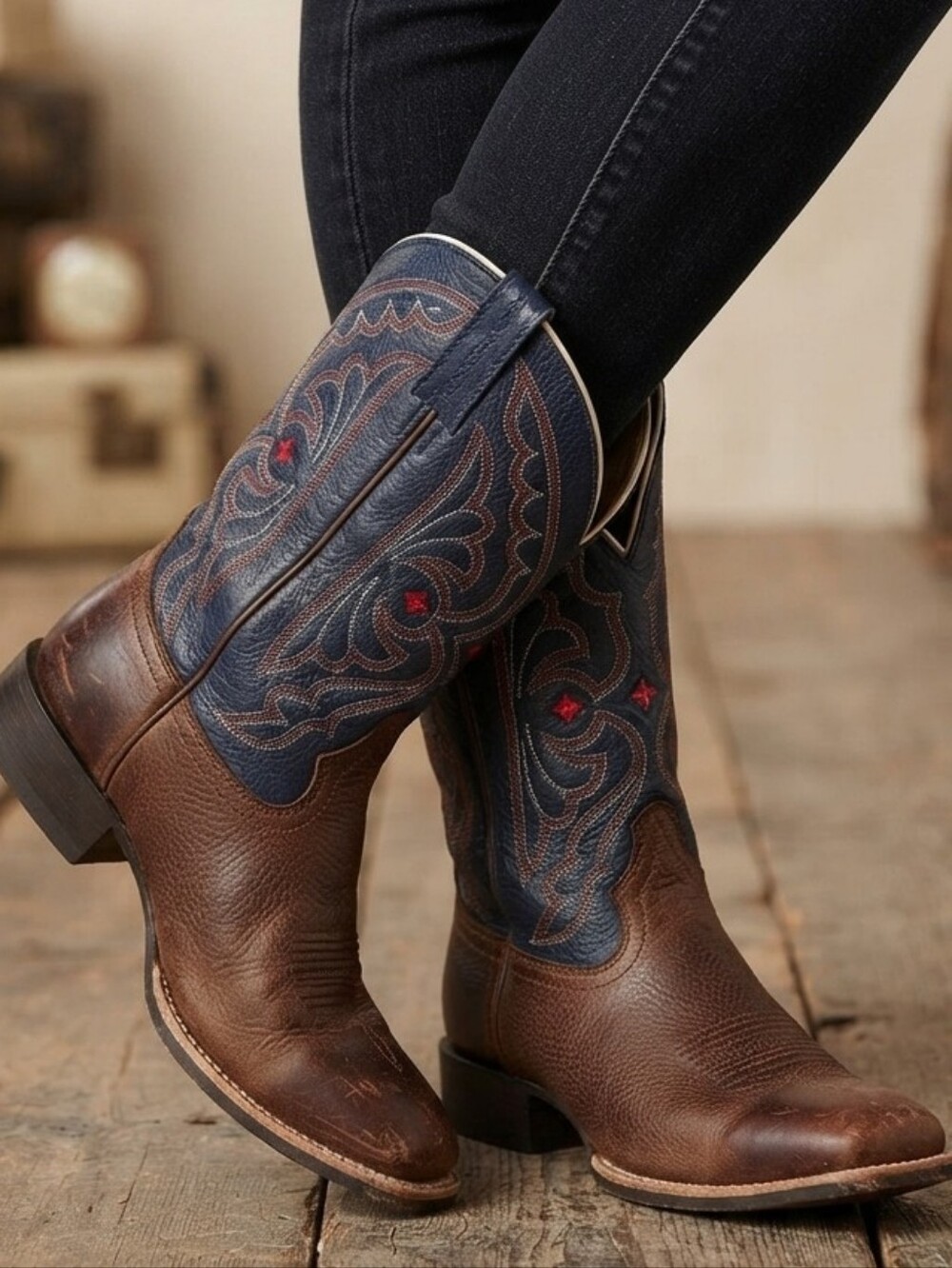 Ariat Quickdraw Western Boots EU 36.5, US 5 Leather Brown Blue Cowboy Classic
